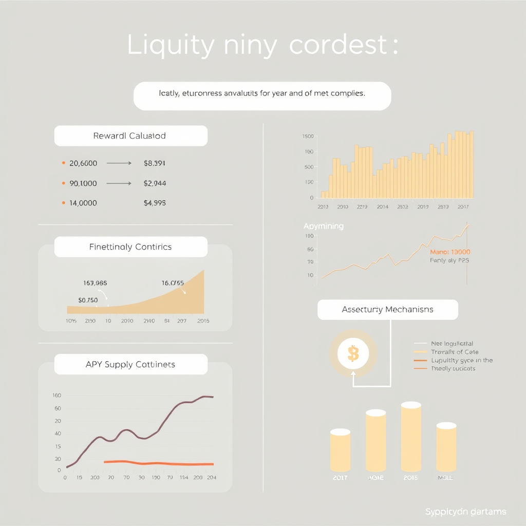 Sophisticated infographic displaying liquidity mining concepts with reward calculations, APY charts, and asset supply mechanisms in refined minimalist style with muted color scheme